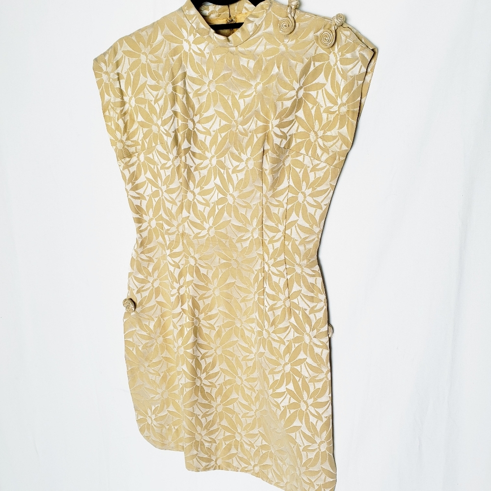 Handmade Asian silk floral dress in muted gold